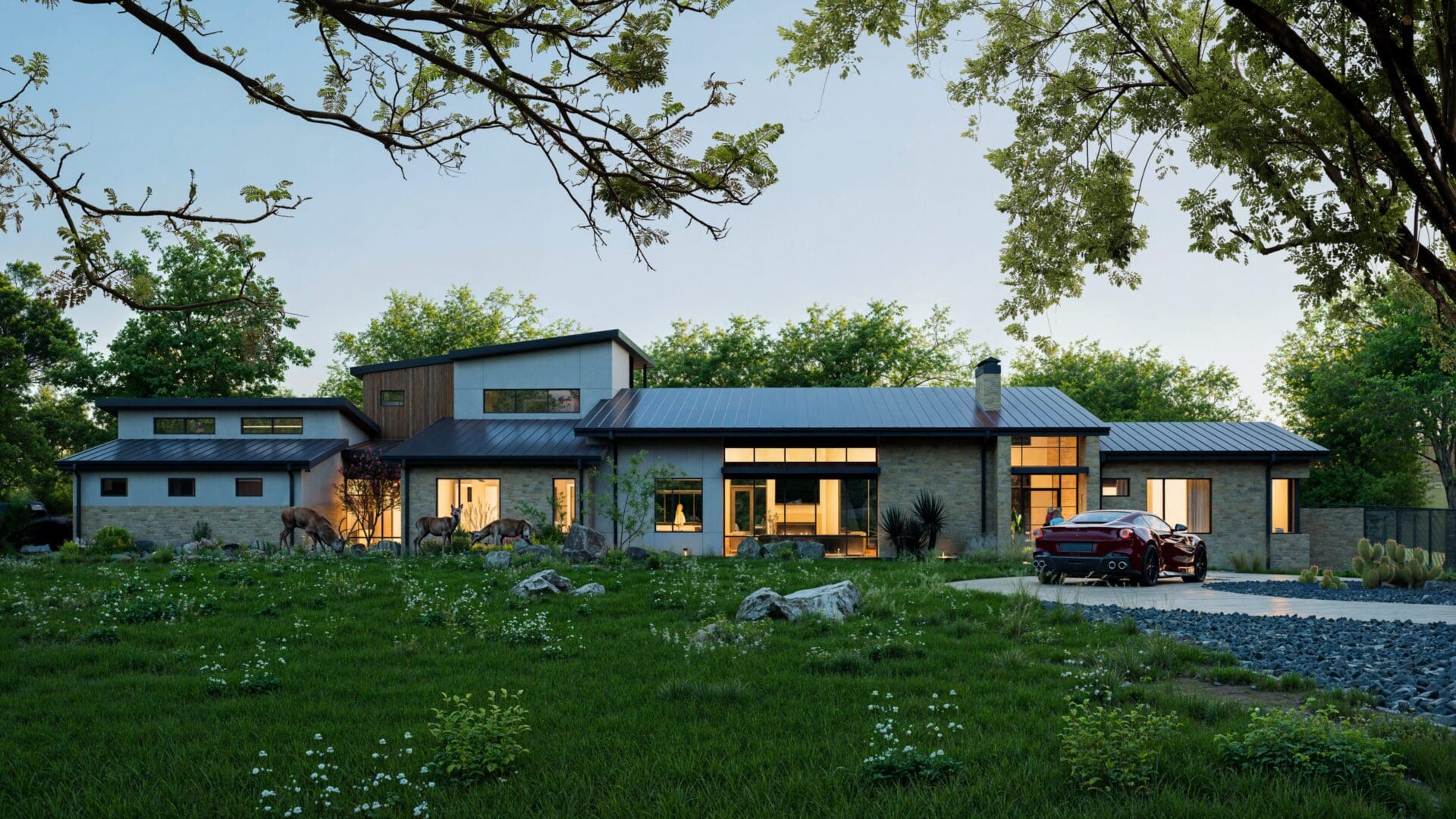 Modern two-story house with large windows and a car parked outside at dusk.
