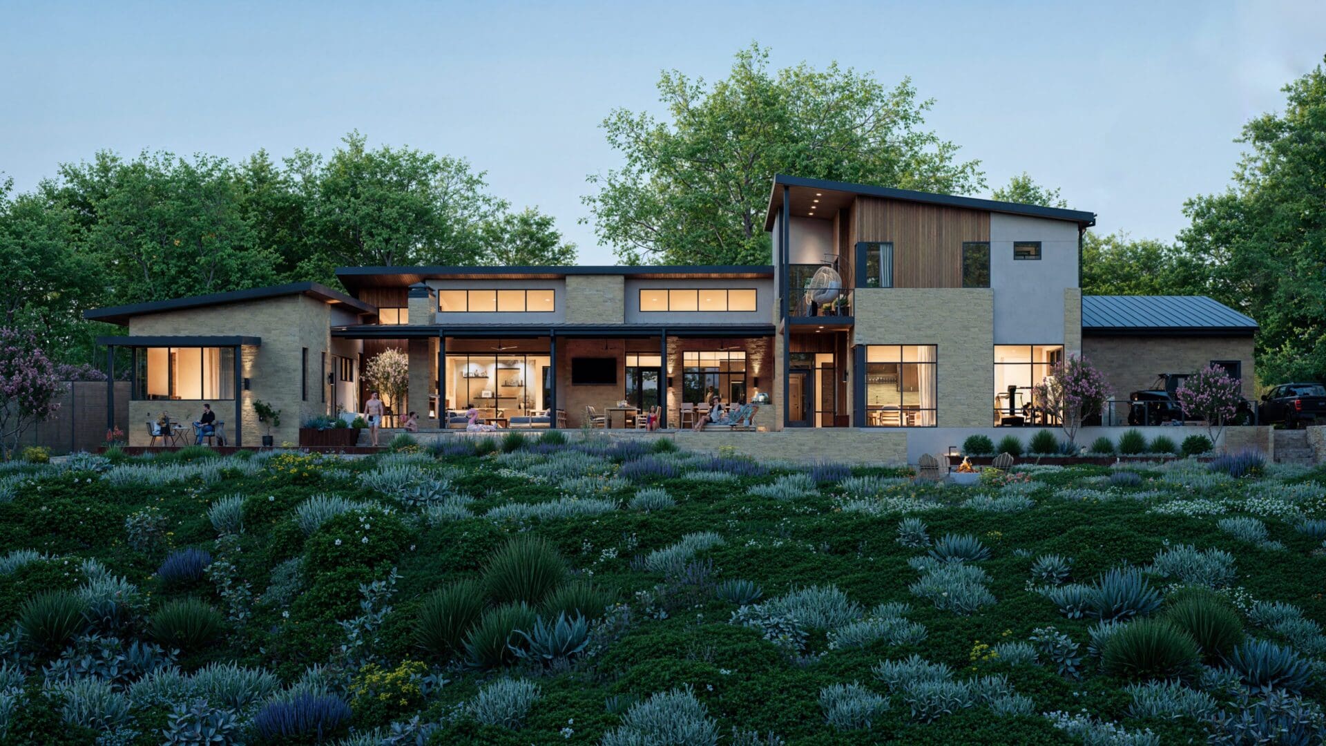 Modern two-story house with large windows and outdoor lighting at dusk.