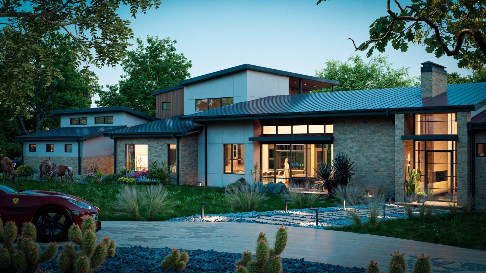 Modern house with large windows and surrounding greenery at dusk.