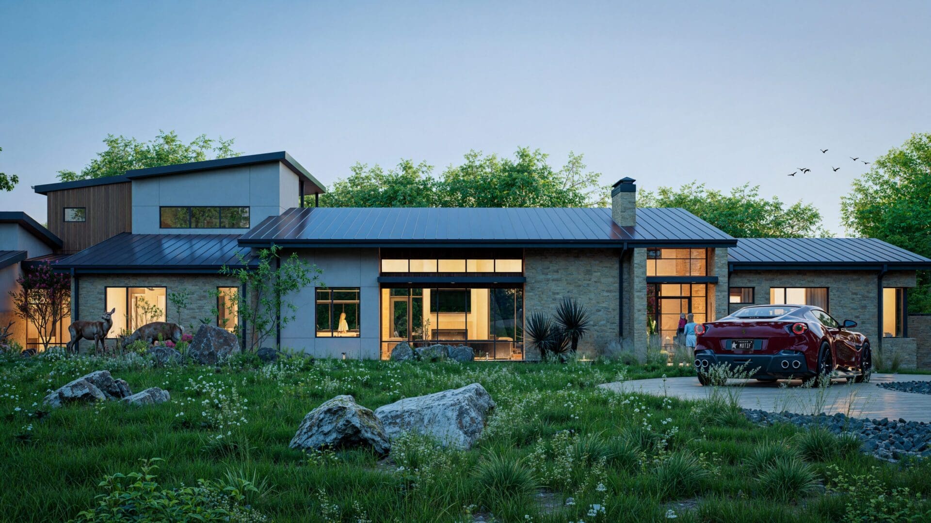 Modern single-story house with large windows and a blue roof in a green landscape.