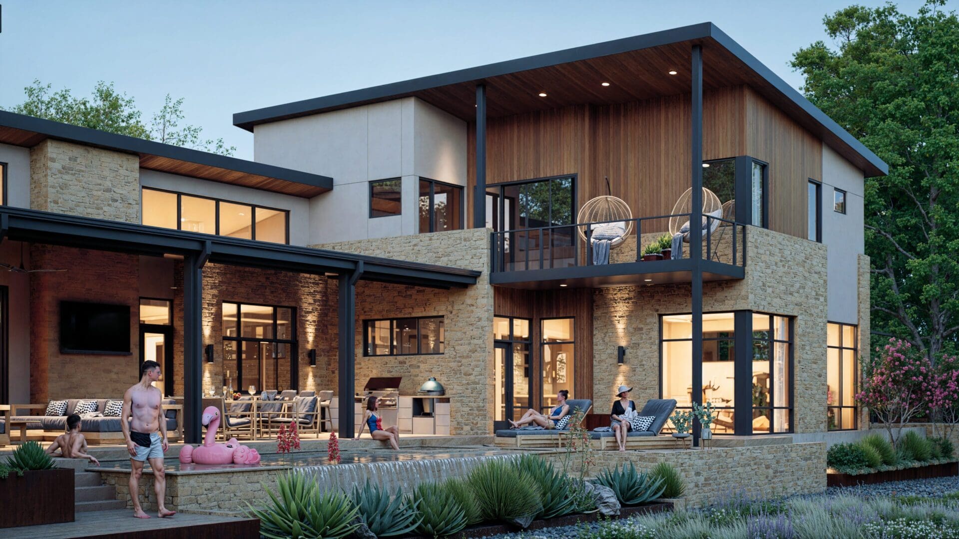 Modern two-story house with outdoor patio and balcony at dusk.